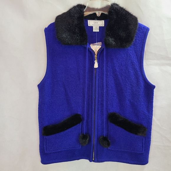 NWT Lisa Int. Women (L) Blue Boiled Wool Vest w/Faux Fur Collar-HAS ISSUES - Picture 1 of 16